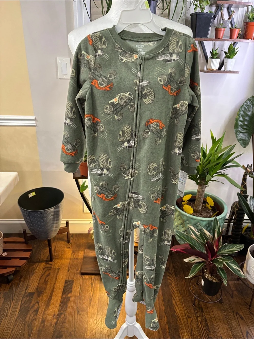 Carter’s Green Monster Truck Footed One-Piece Pajamas size 4